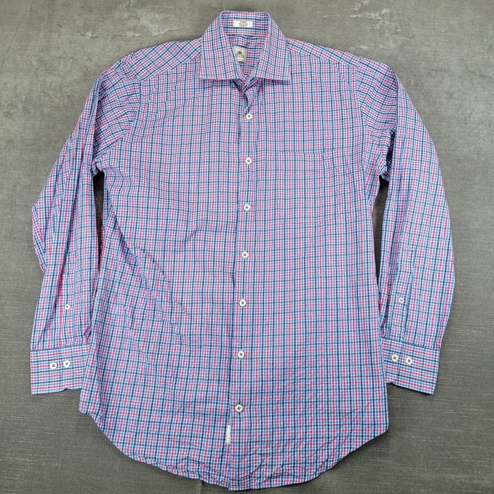 PETER MILLAR Mens Medium Gingham Check Long Sleeve Button Down‎ Shirt Blue Red